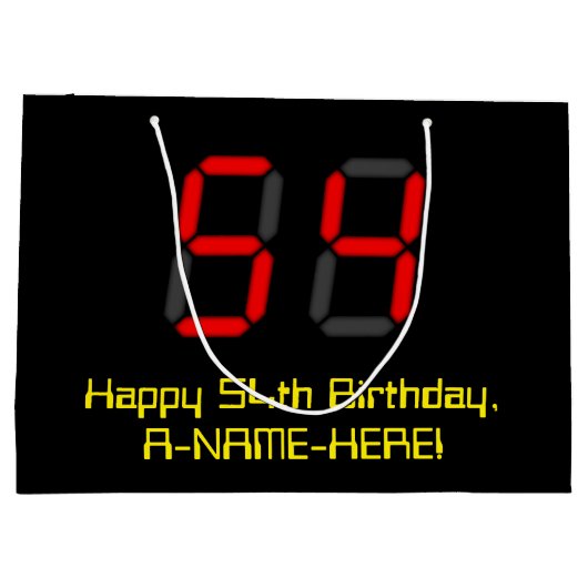 54歳の誕生日：赤いデジタル時計スタイルの"54" + 名前 ラージペーパーバッグ (裏面)