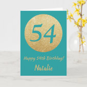 54番目の誕生日ティール（緑がかった色）と金ゴールドグリッターカード カード (黄色い花)
