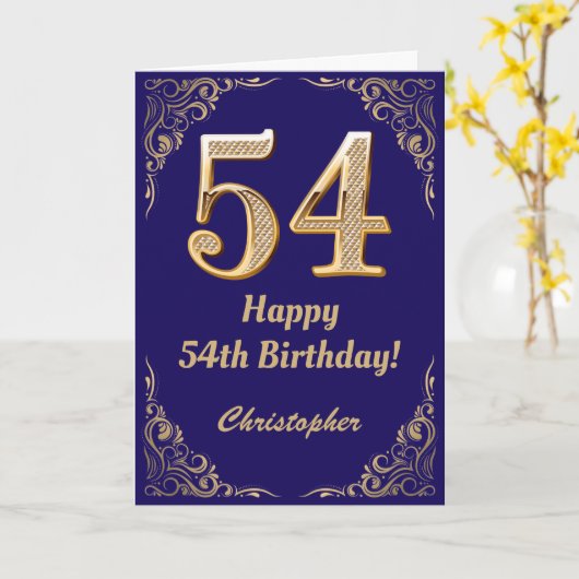 54誕生日ネイビーブルーと金ゴールドグリッターフレーム カード (黄色い花)