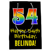 54誕生日:おもしろいはっきりした、カラフルレインボー「54」 ミディアムペーパーバッグ (正面)