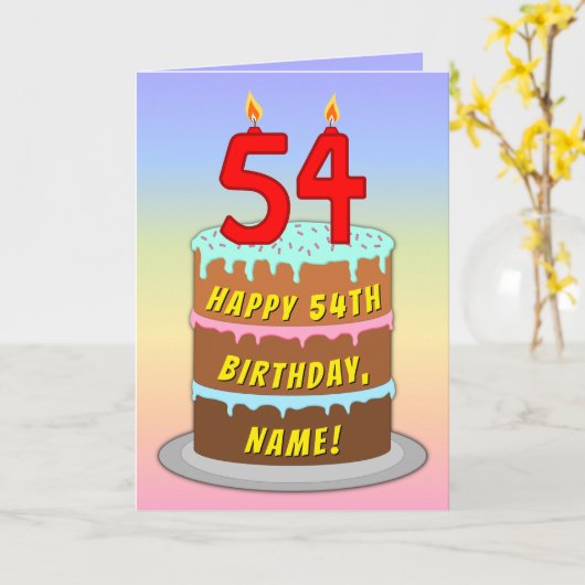 54誕生日—おもしろいケーキ&ろうそく、名前をカスタムする付き カード (黄色い花)