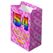 54誕生日:おもしろいピンクハートストライプ、レインボー54 ミディアムペーパーバッグ (正面アングル)