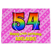 54誕生日：ピンクストライプのハート、レインボー# 54 ラージペーパーバッグ (正面)