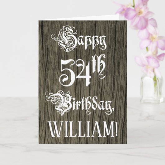 54誕生日:、ファンシーエレガント文字フェイク、木目 カード (蘭)