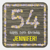 54誕生日:フローラ番号フェイク、木目、名前 スクエアシール (正面)