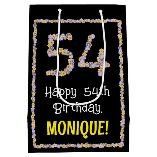 54誕生日:フローラ花数名前をカスタムする ミディアムペーパーバッグ (裏面)