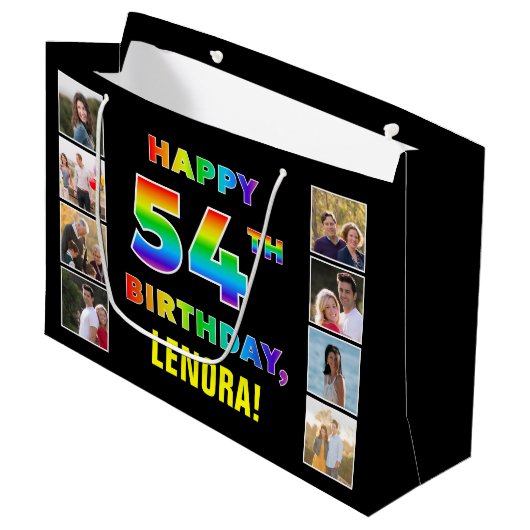 54誕生日:レインボー文字カスタム、写真&名前 ラージペーパーバッグ (正面アングル)