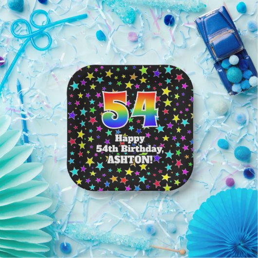 54th Birthday: Fun Stars Pattern and Rainbow “54” ペーパープレート (パーティー)