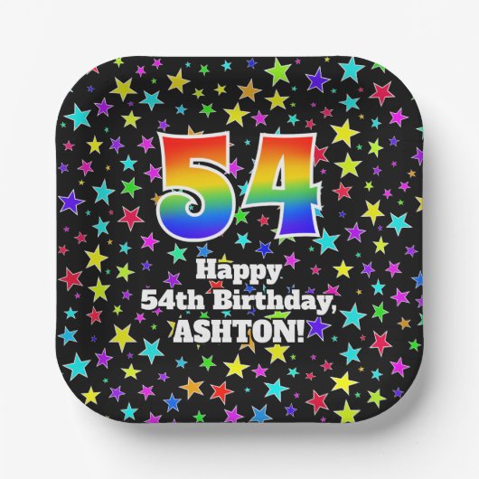 54th Birthday: Fun Stars Pattern and Rainbow “54” ペーパープレート (正面)