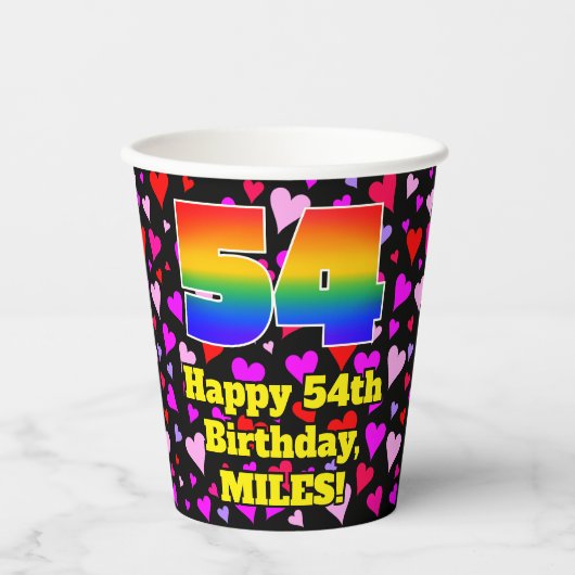 54th Birthday: Loving Hearts Pattern, Rainbow 54 紙コップ (正面)