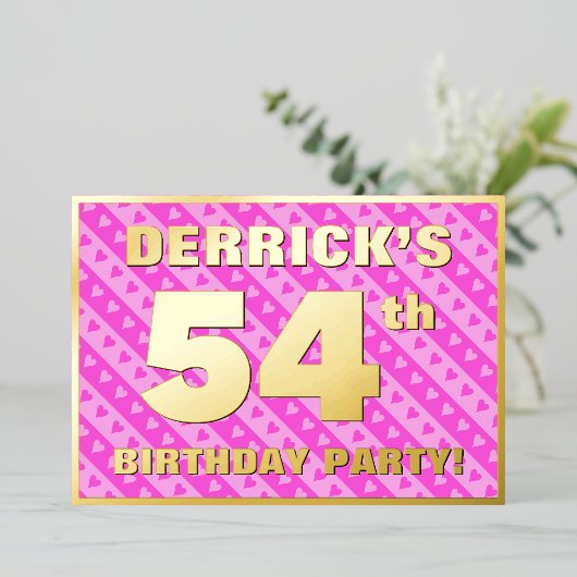 54th Birthday Party —おもしろいピンクのハートとストライプ 箔招待状 (立ち正面)