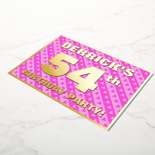54th Birthday Party —おもしろいピンクのハートとストライプ 箔招待状 (回転した状態)