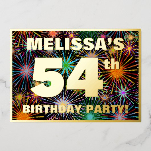54th Birthday Party —おもしろい、カラフルFireworks Look 箔招待状 (正面)