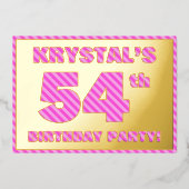 54th Birthday Party — はっきりした、おもしろい、ピンクストライプ色54 箔招待状 (正面)