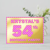 54th Birthday Party — はっきりした、おもしろい、ピンクストライプ色54 箔招待状 (立ち正面)