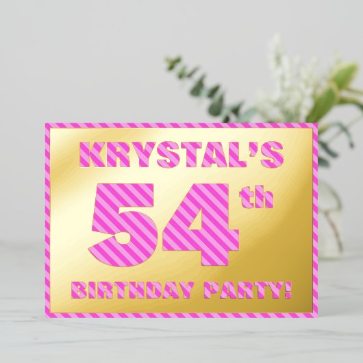 54th Birthday Party — はっきりした、おもしろい、ピンクストライプ色54 箔招待状 (立ち正面)