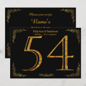 54th Birthday party, Gatsby styl，ブラック金ゴールドグリッター 招待状 (正面/裏面)