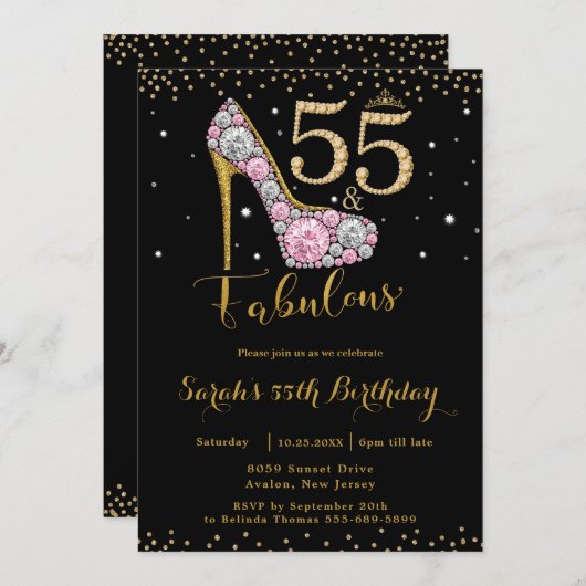 55と素晴らしいハイヒールダイヤモンド55誕生日 招待状 (正面/裏面)