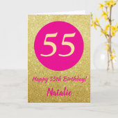 55ハッピーバースデーホットピンクと金ゴールドグリッター カード (黄色い花)