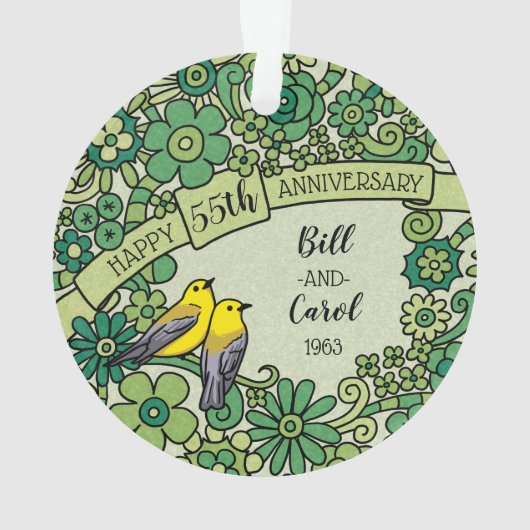 55周パーソナライズされた年エメラルドフローラ鳥 オーナメント (裏面)