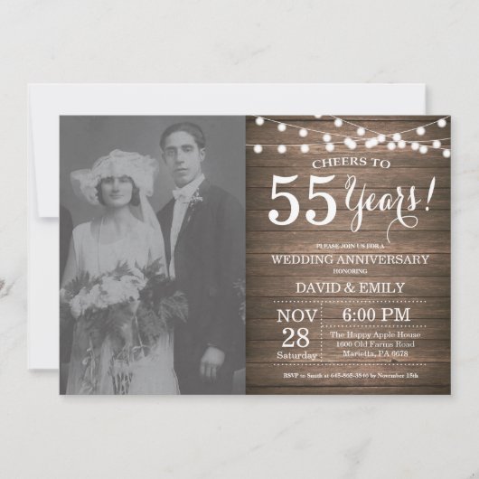 55周年結婚記念日のための素朴な木製デザイン 招待状 (正面)