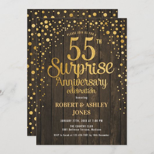 55周年結婚記念日のサプライズ - ウッド&ゴールド 招待状 (正面/裏面)