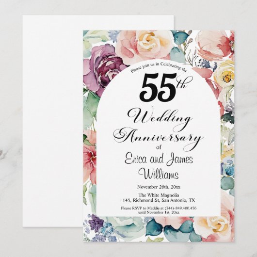 55周年結婚記念日 エレガントな花のスクリプト 招待状 (正面/裏面)