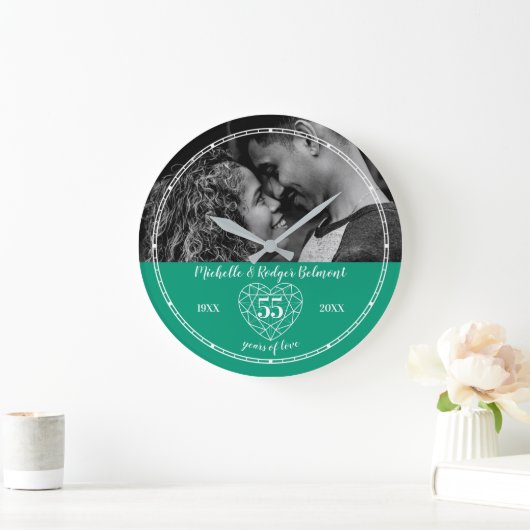 55周年記念結婚ハートエメラルドグリーン ラージ壁時計 (ホーム)