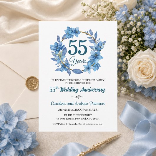 55周年 ブルー フラワー サプライズ 結婚記念日 招待状