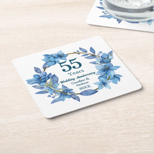 55回目 エメラルド 結婚記念日 ブルー フローラル スクエアペーパーコースター (アングル)