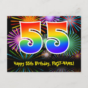 55歳の誕生日おめでとう 楽しい花火模様+レインボー55 ポストカード