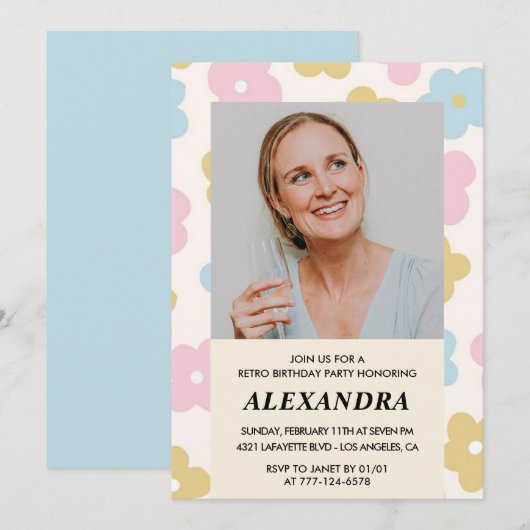 55歳の誕生日の招待レトロGroovy花かわいい 招待状 (正面/裏面)