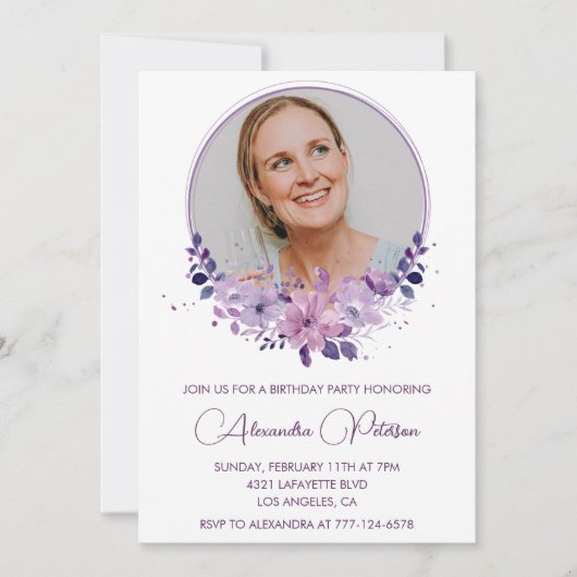 55歳の誕生日を迎えるフォトボホエレガントパープル 招待状 (正面)