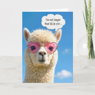 55歳の誕生日アルパカ ピンクのハート型メガネ カード