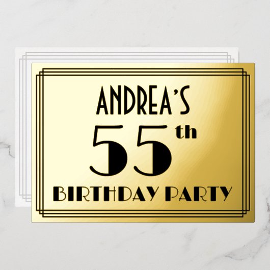 55歳の誕生日パーティー - アールデコ調の「55」+名前 箔招待状 (正面/裏面)