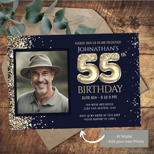 55歳の誕生日パーティー ゴールド ブルー 招待状