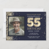 55歳の誕生日パーティー ゴールド ブルー 招待状 (正面)