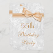 55歳の誕生日パーティー ダマスクと偽の蝶結び 招待状 (正面/裏面)