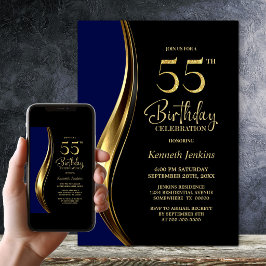 55歳の誕生日パーティー ブラックゴールドブルー 招待状