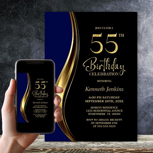 55歳の誕生日パーティー ブラックゴールドブルー 招待状