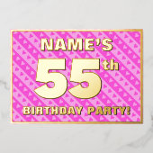 55歳の誕生日パーティー - 可愛いピンクのハートとストライプ 箔招待状 (正面)