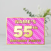 55歳の誕生日パーティー - 可愛いピンクのハートとストライプ 箔招待状 (立ち正面)