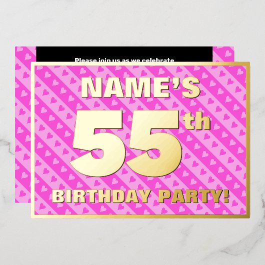 55歳の誕生日パーティー - 可愛いピンクのハートとストライプ 箔招待状 (正面/裏面)