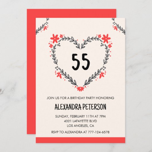 55歳の誕生日招待状のフローラハート 招待状 (正面/裏面)