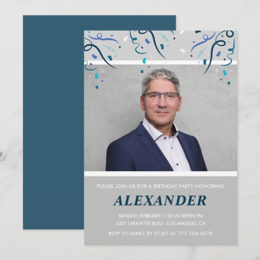 55歳の誕生日招待状メンズ紙吹雪フォトブルー 招待状 (正面/裏面)