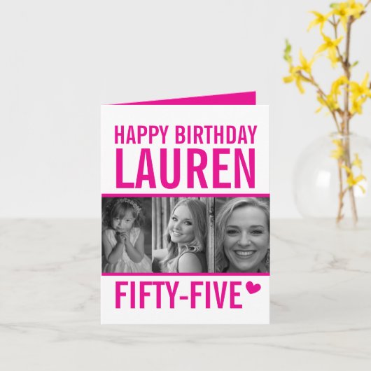 55歳の誕生日3枚のホットピンクと白 カード (黄色い花)