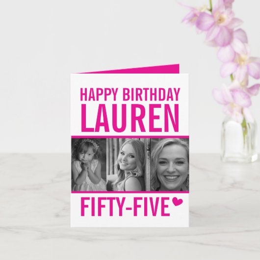 55歳の誕生日3枚のホットピンクと白 カード (蘭)