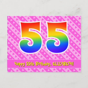 55歳の誕生日:ピンクのストライプとハート、レインボー55 ポストカード