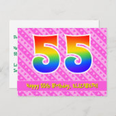 55歳の誕生日：ピンクのストライプとハート、レインボー55 ポストカード (正面/裏面)