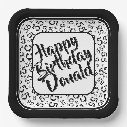55歳の誕生日 ランダムな数字の模様 黒/白 ペーパープレート (正面)